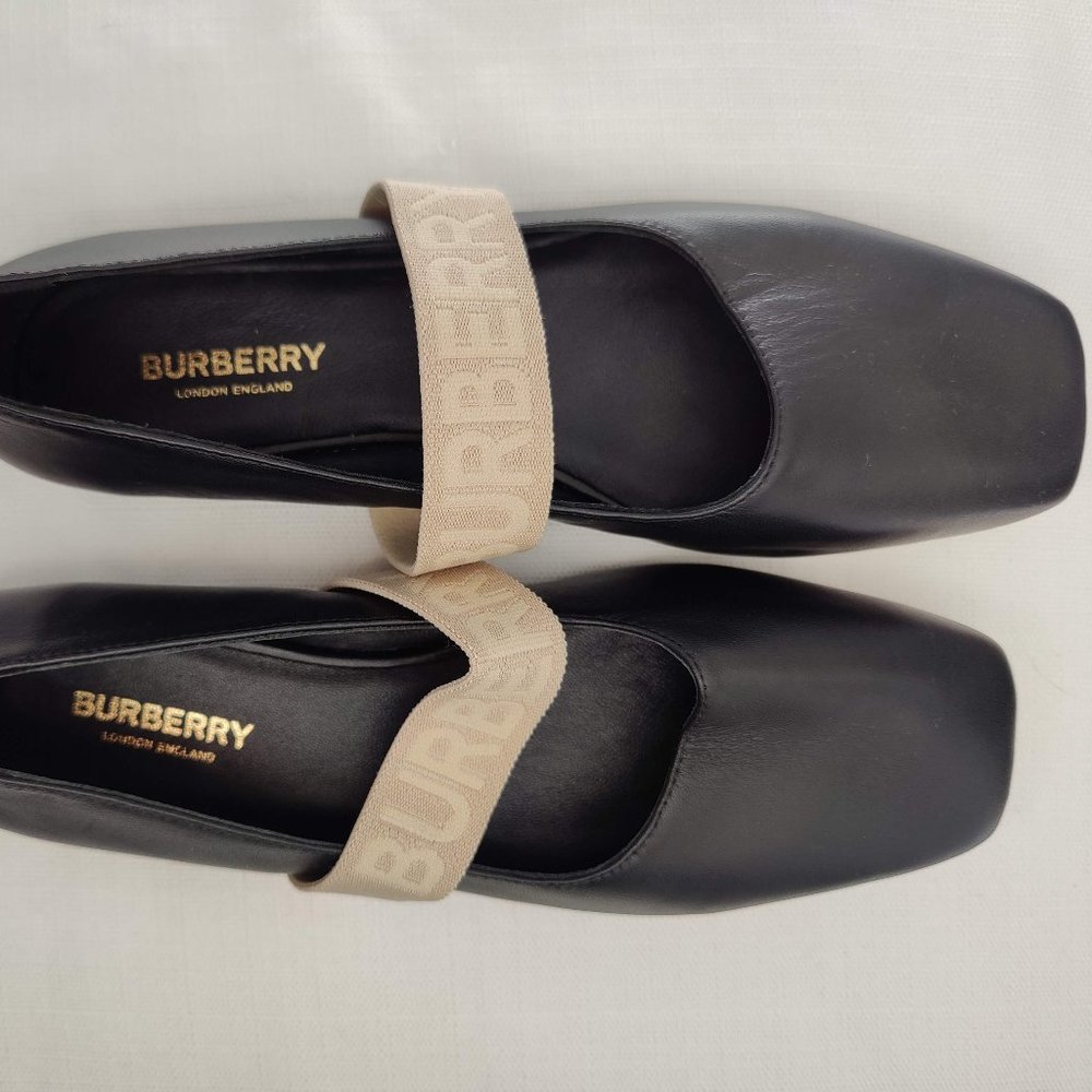 Brand New Authentic Black Burberry Logo Detail Lambskin Ballet Flats Size 38